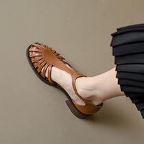 Baotou sandals womens summer French thick heel medium heel retro hollow sense Roman outer wear Mary Jane shoes womens shoes