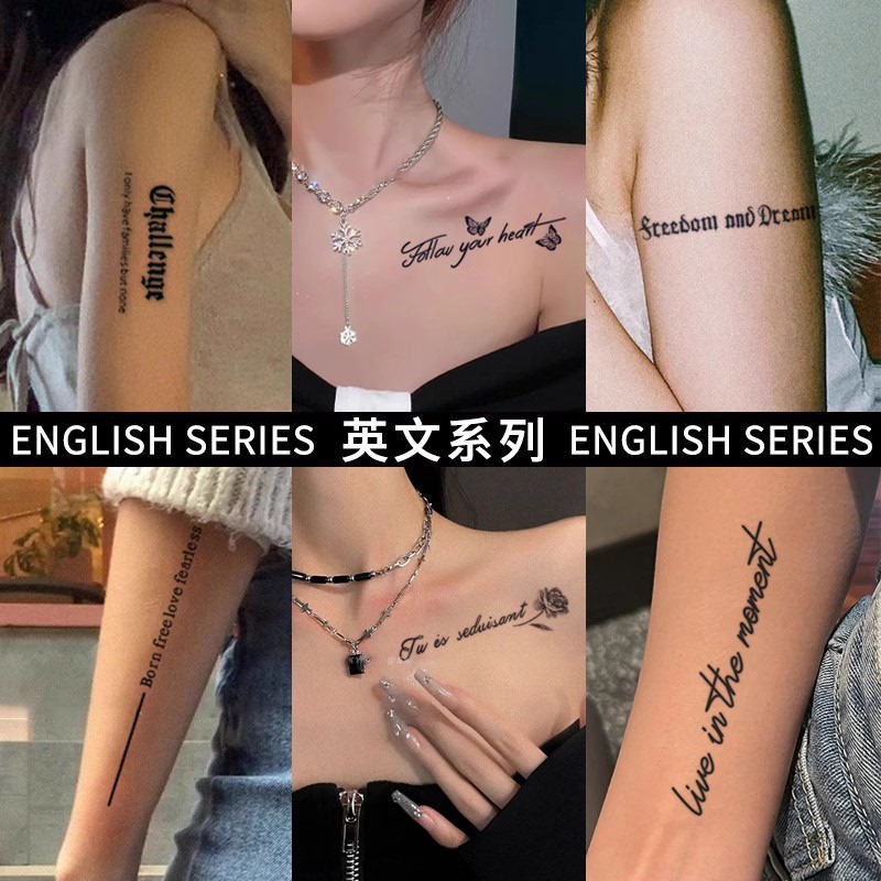 ins Unique English Short Phrases Herbal Juice Tattoo Stickers for Collarbone and Arm, Waterproof and Rub-Resistant, Trendy and Realistic for Hot Girls