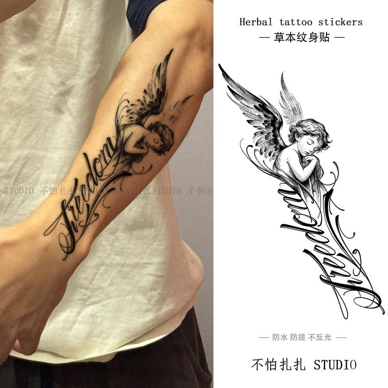 English Angel Child Tattoo Stickers Waterproof and Sweat-Proof Tattoo Color Art High-End Niche Arm Juice Herbal Stickers
