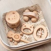 Baby hand rattle made of raw wood unpainted fully dialed and stuck newborn baby grinding teeth and chewing wooden VCI toy set