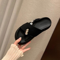 Black thick-soled slippers for womens summer outer wear 2024 new fashion anti-slip and anti-odor increased rhinestone flip-flops slippers