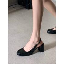 French new style square toe medium heel Mary Jane womens shoes thick heel single shoes with empty back toe sandals one-word buckle high heels