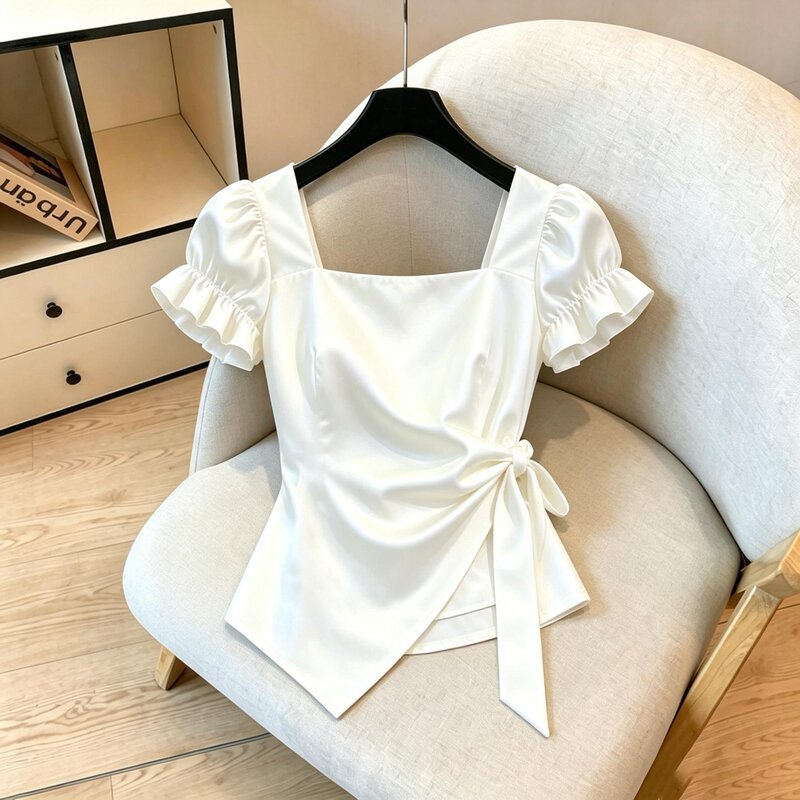 2026 Summer New Korean Style Super Popular Age-Reducing White Shirt for Women, Light Luxury, Beautiful Waist-Cinching French-Style Slimming Top