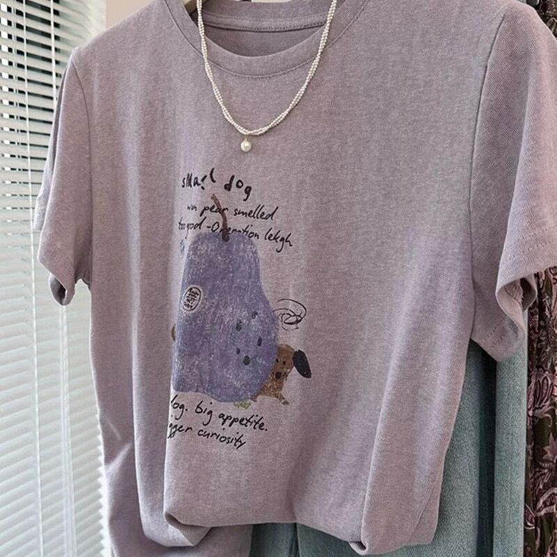 Korean-Style Relaxed and Fun Cartoon Print Round-Neck Short-Sleeved T-Shirt for Women, Summer Snowflake Cotton Thin Breathable Top Trendy