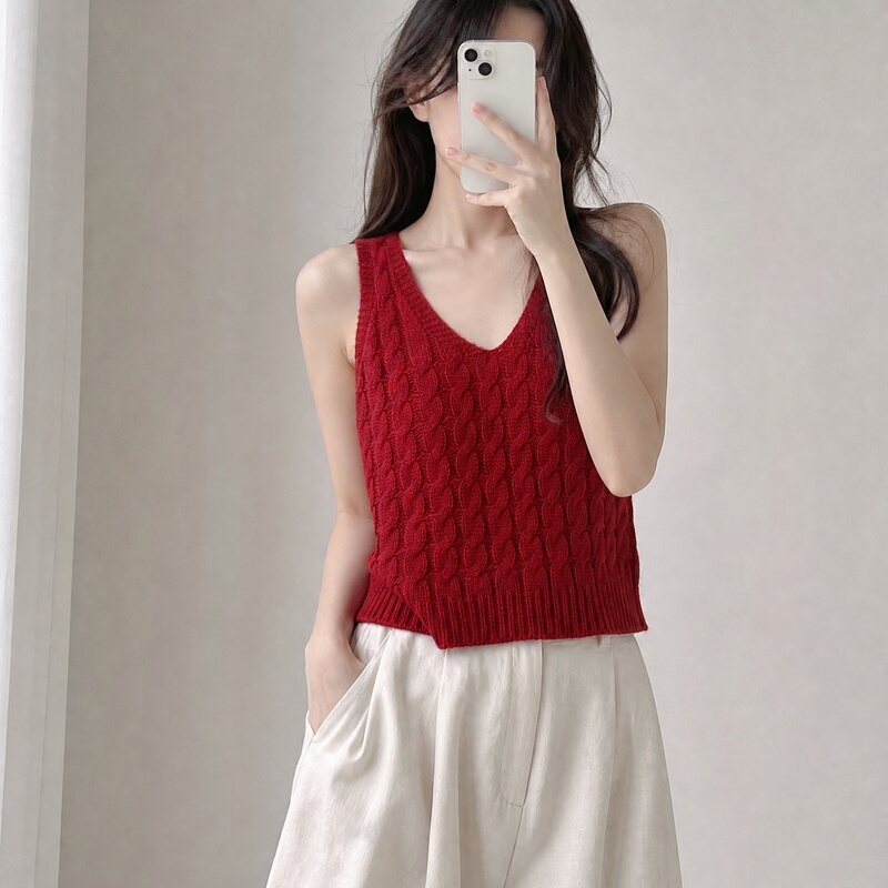 Knitted Vest for Women 2026 Early Autumn Red V-Neck Sleeveless Cable Knit Short Loose Retro College Style