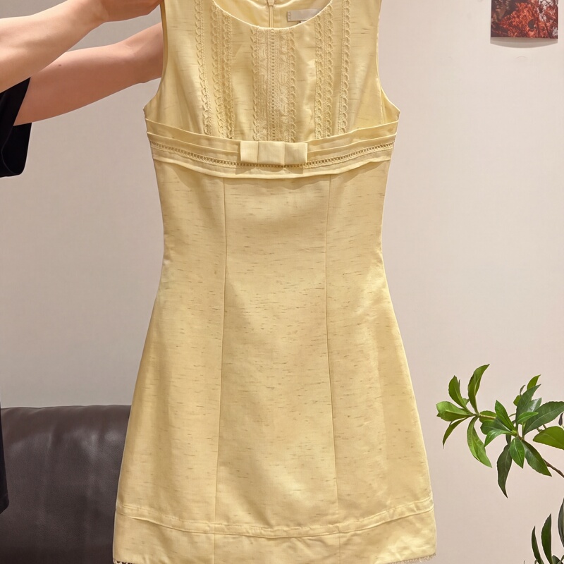 French Sweet Style Yellow Sleeveless Dress for Women, Summer A-Line Dress, Gentle Short Dress for Petite Figures French Sweet Style Yellow Sleeveless Dress for Women, Summer A-Line Dress, Gentle Short Dress for Petite Figures