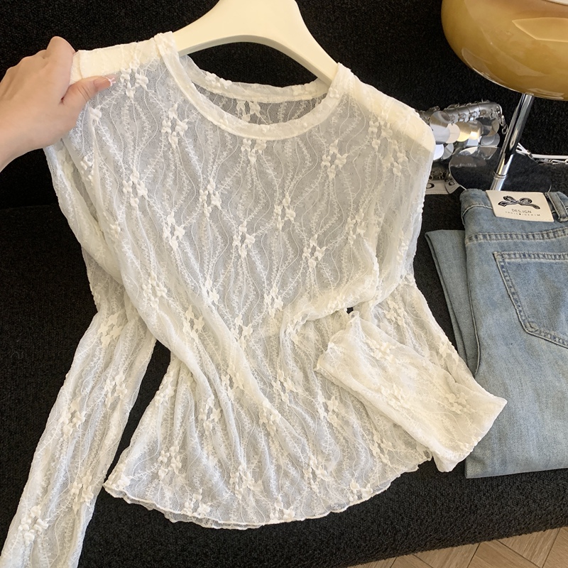 Crochet Lace Base Shirt for Women 2026 Autumn New Korean Fashion Three-Dimensional Floral Inner Top Trendy Women's Wear
