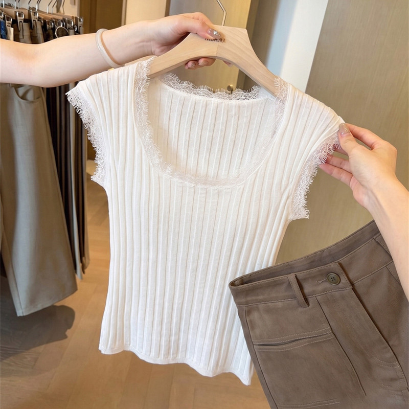 White Lace Trim U-Neck Knitted Camisole for Women, Summer French Style, High-End Slim-Fit Sleeveless Top