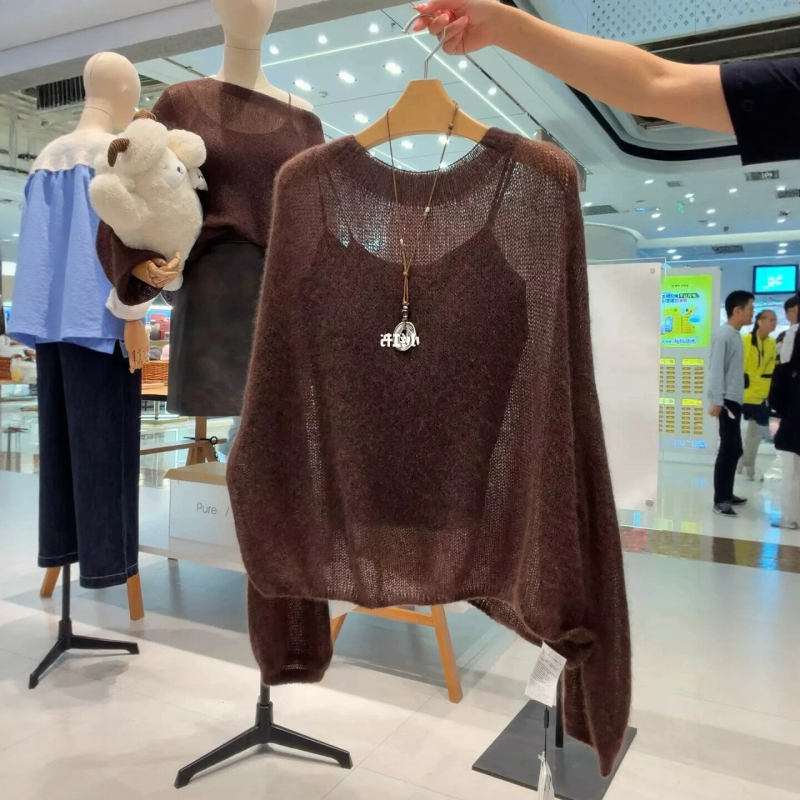 Old Money Style Coffee-Colored Round-Neck Mohair Sweater for Women, Autumn and Winter Outerwear, Sheer Hollow-Out Lazy Style Knit Cardigan Top Old Money Style Coffee-Colored Round-Neck Mohair Sweater for Women, Autumn and Winter Outerwear, Sheer Hollow-Out Lazy Style Knit Cardigan Top