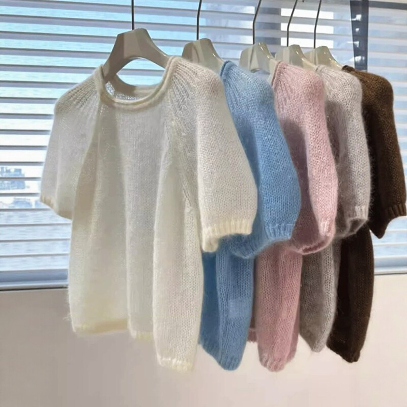 White High-End Mohair Hollow-Out Short-Sleeve Sweater for Women, Spring Lazy Style Puff Sleeve Knitwear, Thin Top White High-End Mohair Hollow-Out Short-Sleeve Sweater for Women, Spring Lazy Style Puff Sleeve Knitwear, Thin Top