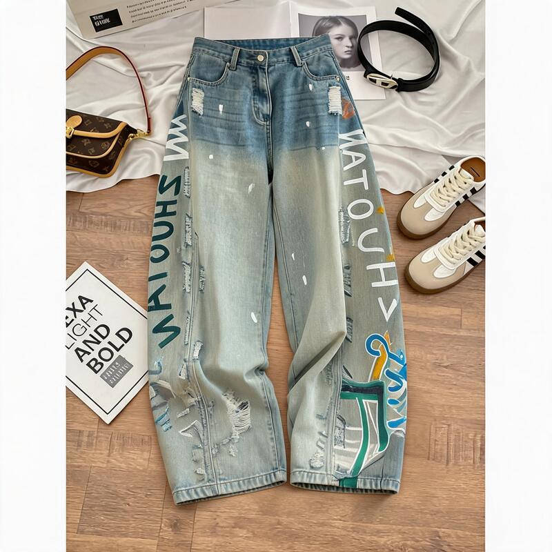 American-Style Spicy Girl Design Graffiti Print Jeans for Women 2026 New Loose Slimming Retro Versatile Wide-Leg Pants