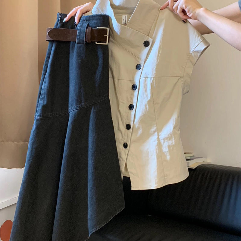 2026 Super Trendy Summer Outfit Set for Women: Casual Suit with Stand Collar, Waist-Cinching, Regular Shoulder Shirt, Denim Skirt, Two-Piece Set