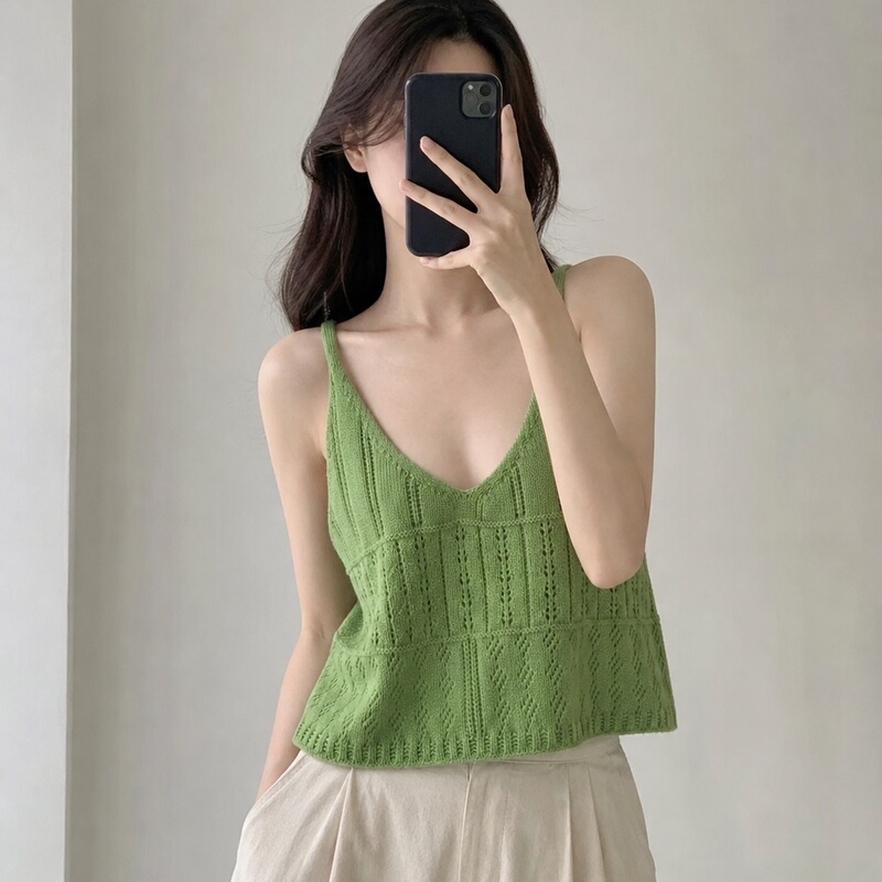 Knitted 2026 Summer Camisole Green V-Neck Sleeveless Hollow-Out Loose Thin Breathable Sweet Outerwear Top Knitted 2026 Summer Camisole Green V-Neck Sleeveless Hollow-Out Loose Thin Breathable Sweet Outerwear Top