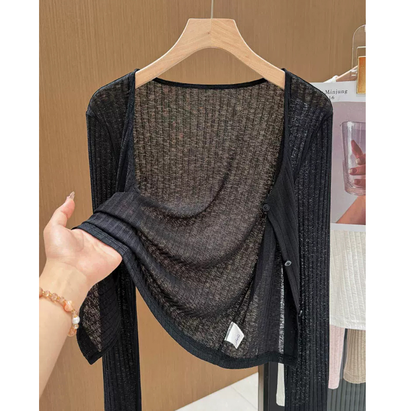 Lightweight Black Ice Silk Knit Slimming Cardigan for Women, Summer Slightly Sheer, Suitable for Air-Conditioned Rooms, Beach Shawl Cover-Up, Outerwear to Pair with Slip Dress Lightweight Black Ice Silk Knit Slimming Cardigan for Women, Summer Slightly Sheer, Suitable for Air-Conditioned Rooms, Beach Shawl Cover-Up, Outerwear to Pair with Slip Dress