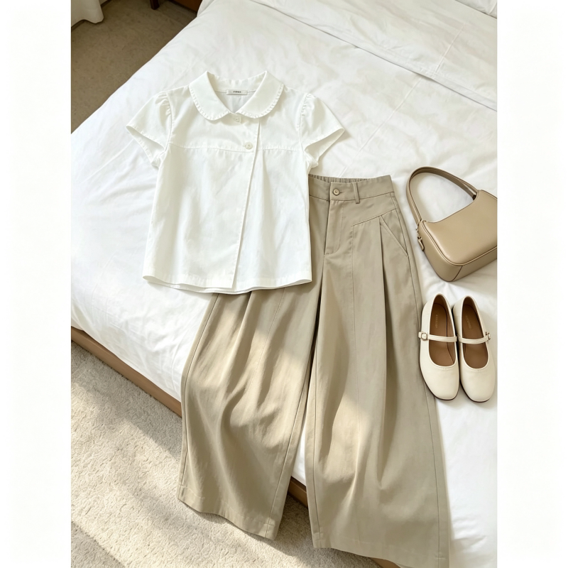Unique and Beautiful Early Summer Outfit: Korean-Style Doll Collar Short-Sleeve Shirt Top for Women and Lazy Wide-Leg Pants Two-Piece Set