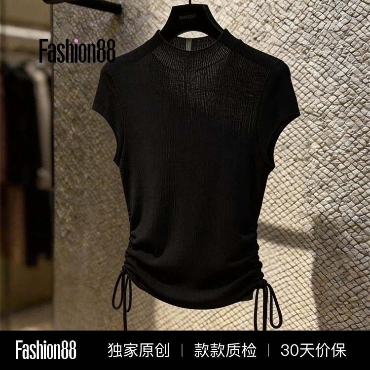 2026 Black Half-High Collar Drawstring Knitted Short-Sleeved T-Shirt for Women in Summer, Unique and Beautiful, Slim-Fitting and Thin Top