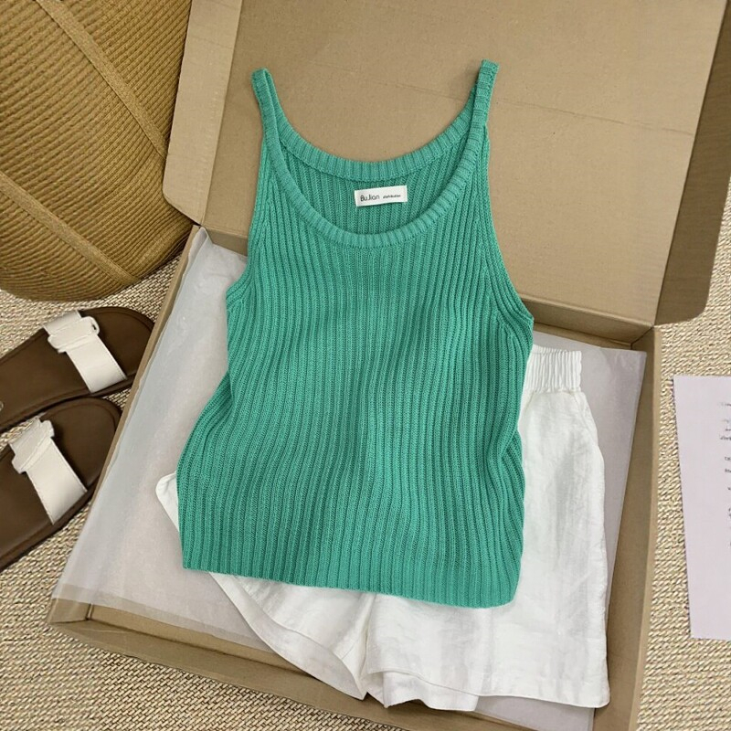 Guangzhou Shisanxing High-End Women's Green U-Neck Ice Silk Knitted Camisole Slim Fit Sleeveless Top for Outerwear Guangzhou Shisanxing High-End Women's Green U-Neck Ice Silk Knitted Camisole Slim Fit Sleeveless Top for Outerwear