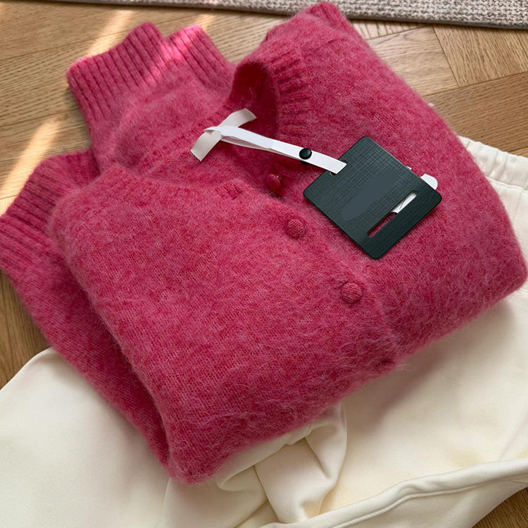 Super Stylish Rose Pink Round-Neck Mohair Sweater for Women, 2026 Autumn and Winter Soft and Fluffy Knitted Cardigan Top, Thick Super Stylish Rose Pink Round-Neck Mohair Sweater for Women, 2026 Autumn and Winter Soft and Fluffy Knitted Cardigan Top, Thick
