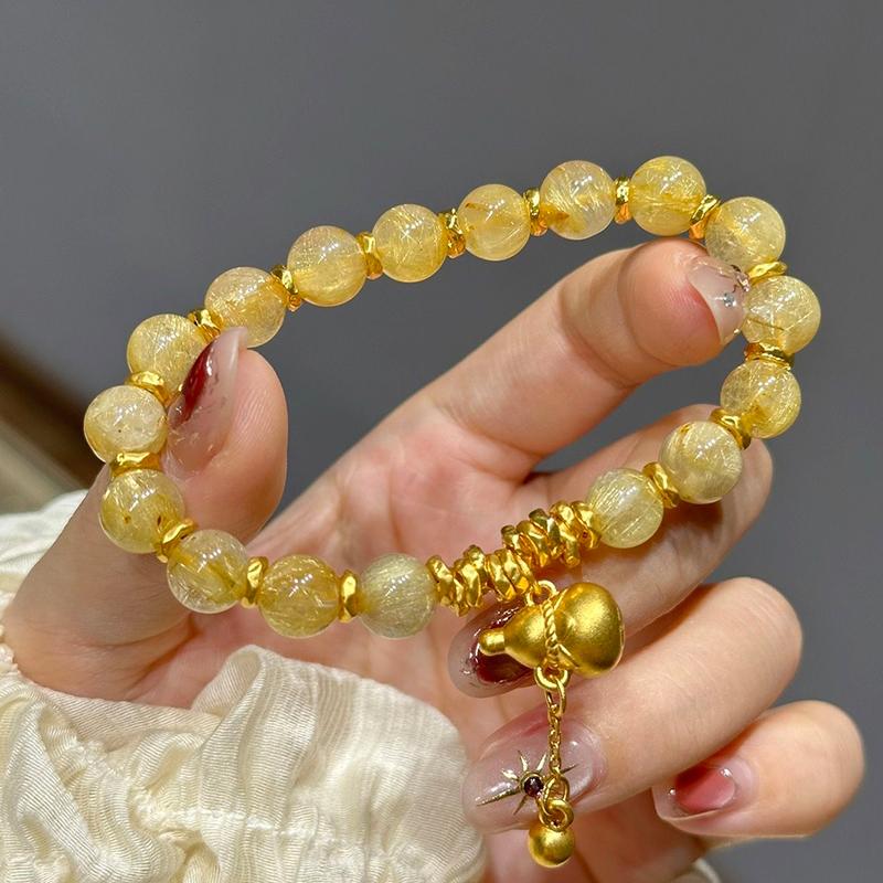 Simple and Stylish Gold-Plated Silver Bracelet with Tassel and Gold Hair Crystal Fortune Beads Pendant, Gift for Girlfriend