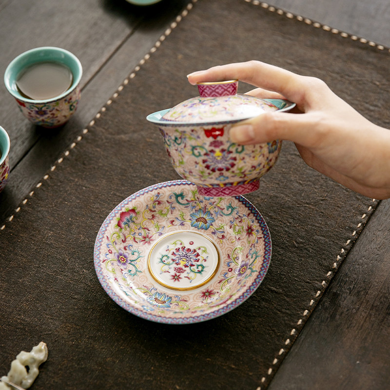 花开盛世珐琅彩三才盖碗，家用功夫茶具的美学与实用并存！-盖碗- 珐琅彩の牡丹と鳥蓋碗茶器