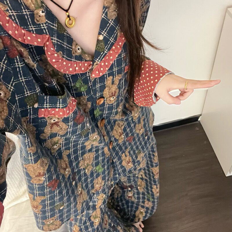 Flannel Brushed Teddy Bear Plaid Lapel Ruffled Long-Sleeve Pajamas for Women, Winter Loose Sweet Homewear Set Flannel Brushed Teddy Bear Plaid Lapel Ruffled Long-Sleeve Pajamas for Women, Winter Loose Sweet Homewear Set
