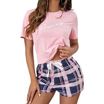 Faux Cotton Pajamas Set Women Plaid ShortsShort Sleeved Set