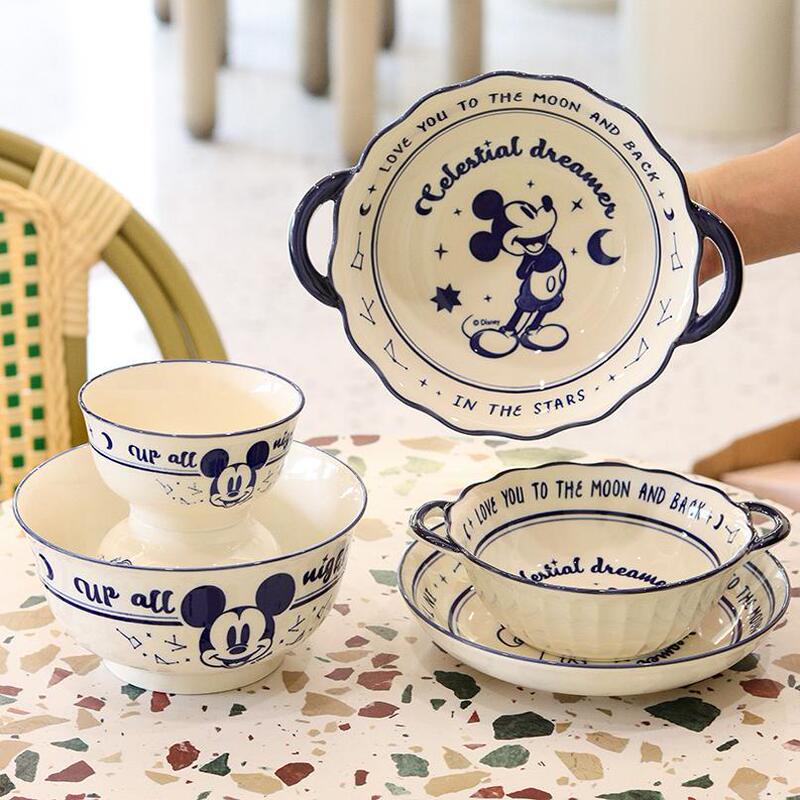 Disney Classic Cartoon Mickey Character Ceramic Tableware, Fresh Style Bowls and Plates for Home Use, Underglaze Color, High-Temperature Starry Sky Design