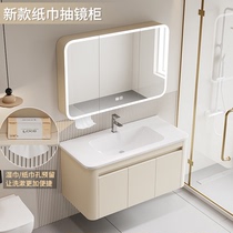 New cream style thickened bathroom cabinet combination smart makeup mirror cabinet integrated ceramic basin small apartment washbasin