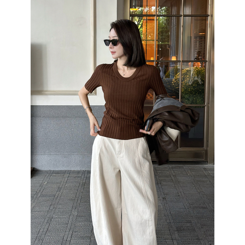 【Boss Zhou】Simple Textured Autumn Casual Style Vertical Ribbed Design Mid-Sleeve Scoop Neck Elegant Knitwear 【Boss Zhou】Simple Textured Autumn Casual Style Vertical Ribbed Design Mid-Sleeve Scoop Neck Elegant Knitwear