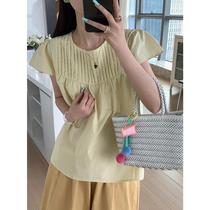Korean style round neck pleated solid color shirt summer womens versatile slimming doll shirt trendy for commuting