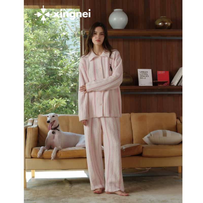Women's Fleece-Lined Pajamas Set, Half Fleece, Winter 2025 New Style, Pink, Warm, Striped, Can Be Worn Outside, Loungewear Women's Fleece-Lined Pajamas Set, Half Fleece, Winter 2025 New Style, Pink, Warm, Striped, Can Be Worn Outside, Loungewear