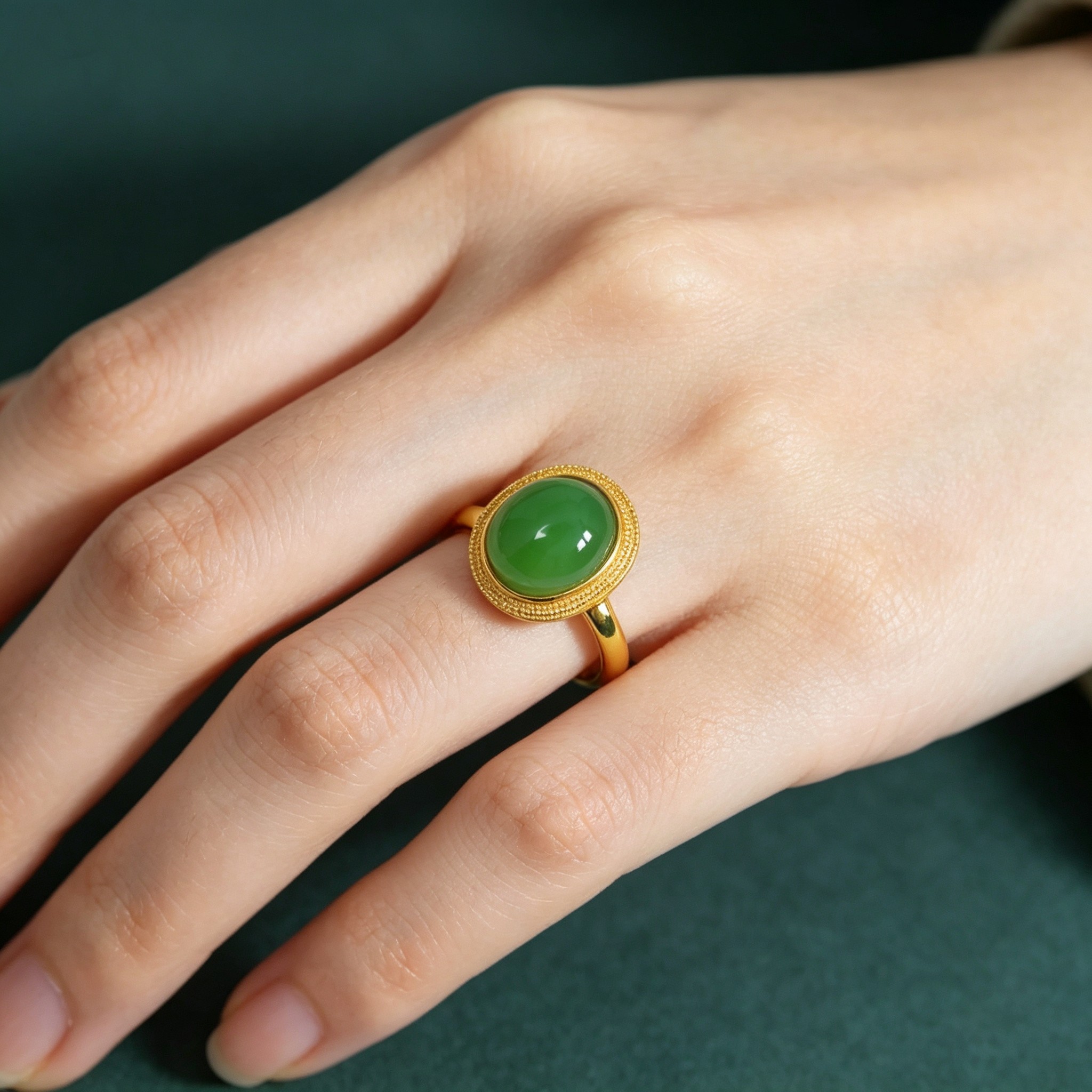 S925 silver inlaid Hetian jade jasper spinach green ring 11014