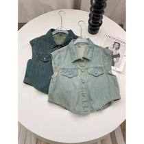 Denim dark blue versatile simple temperament retro design sleeveless shirt womens new summer fashion top