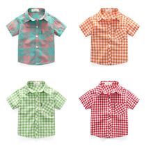 Balabala boys short-sleeved shirt pure cotton medium and large childrens shirt boys summer lapel top baby plaid