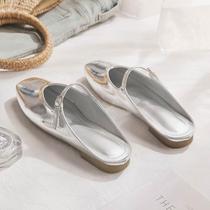 Sheepskin version ~ Summer new slot flat bottom французский style Tempercament Silver Baotou Half slipper woma