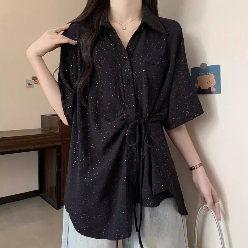 Plus Size 150kg Asymmetrical Lace-Up Shiny Short-Sleeved Shirt, New Summer Style, Loose and Flesh-Covering Mid-Length Top Plus Size 150kg Asymmetrical Lace-Up Shiny Short-Sleeved Shirt, New Summer Style, Loose and Flesh-Covering Mid-Length Top