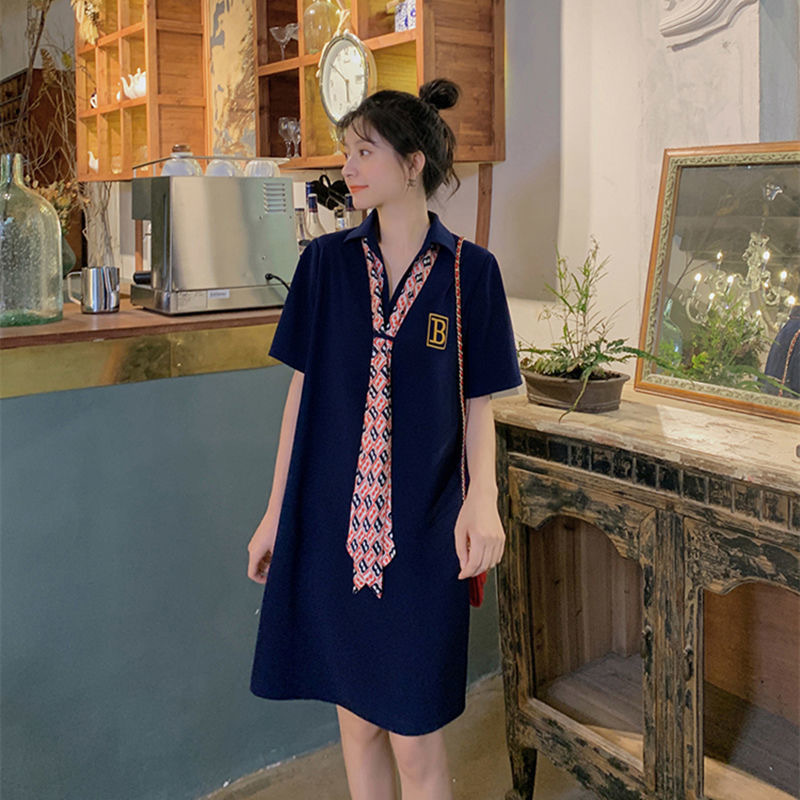 Extra Large Size 150kg Plus-Size Tie Scarf T-Shirt Dress Summer Loose Fit Covers Body Fat and Looks Slimming Polo Collar Preppy Style Dress