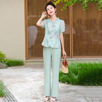 New Chinese style retro printed short-sleeved tops straight pants professional womens two-piece long trousers