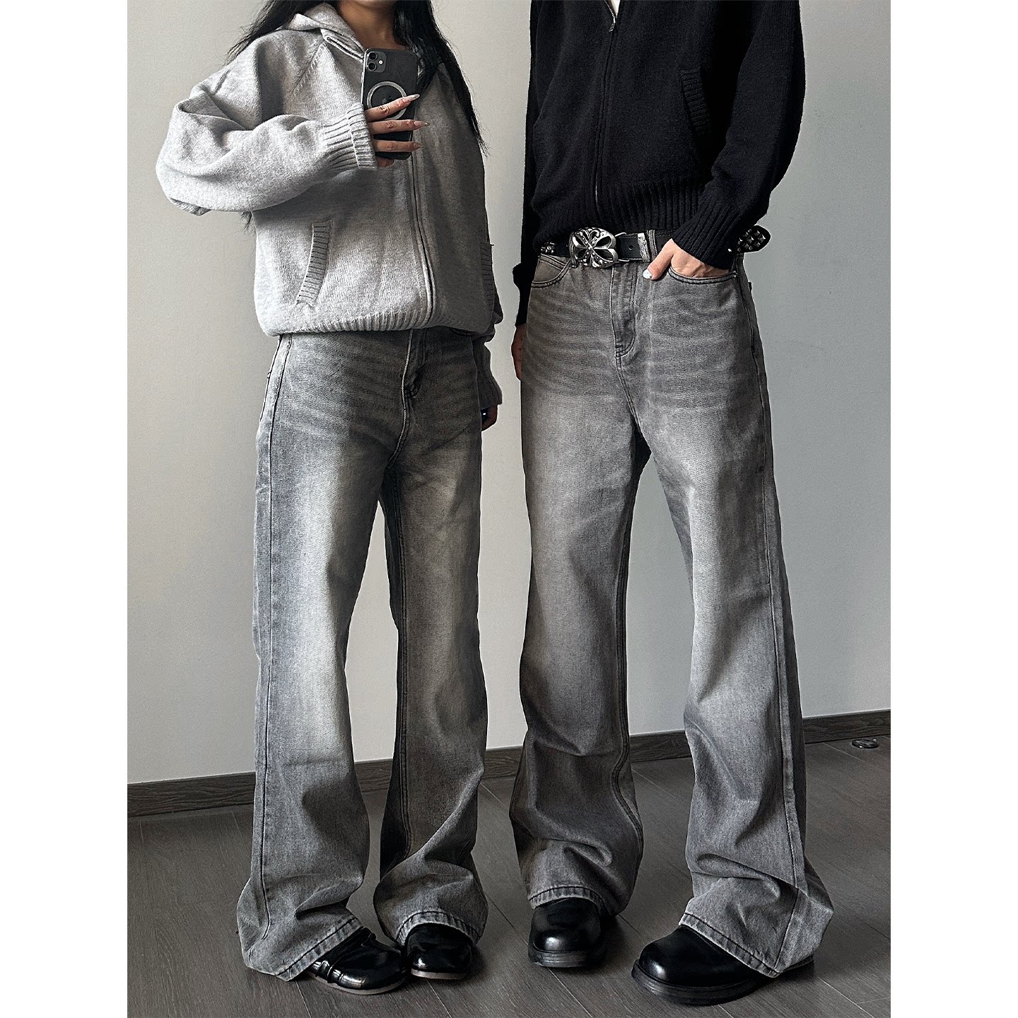 1. МОДНЫЕ дымчато-серые джинсы American high street vibe с микро-притачкой для мужчин и женщин, прямые брюки cleanfit для пар Изображение 1