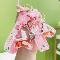 New oil-filled floating flower rabbit keychain creative car bag pendant couple gift keychain