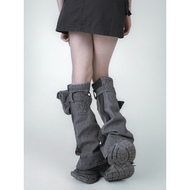 Autumn and Winter Washed Gray Denim Knit Patchwork Pocket Post-Apocalyptic Functional Style Hot Girl Leg Warmers Sock Covers Niche High-End Feel Autumn and Winter Washed Gray Denim Knit Patchwork Pocket Post-Apocalyptic Functional Style Hot Girl Leg Warmers Sock Covers Niche High-End Feel