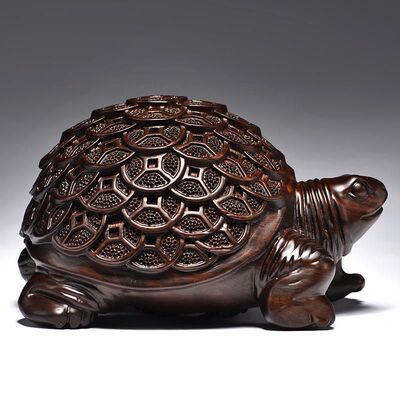 黑檀木雕刻金钱龟摆件实木质乌龟家居风水客厅办公装饰桌面小摆件