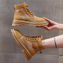Summer Martin boots for women 2024 new thin hollow mesh boots flat breathable short boots genuine leather kick-resistant rhubarb boots