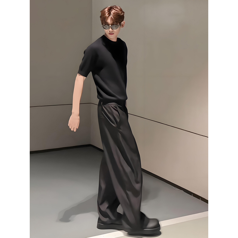 Black Naples-Style Trousers with a Draping Feel, High-End Wide-Leg Pants for Men, Summer Slimming Straight-Leg Casual Pants