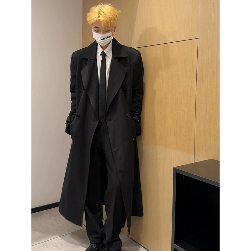 英国風トレンチコート メンズ ミドル丈 オーバーニー ブラック ナポリスーツジャケット 春秋 ダブルブレスト パーカー