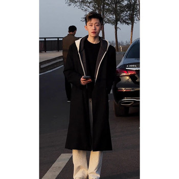 Korean style mid-length woolen men's windbreaker with cotton added for winter