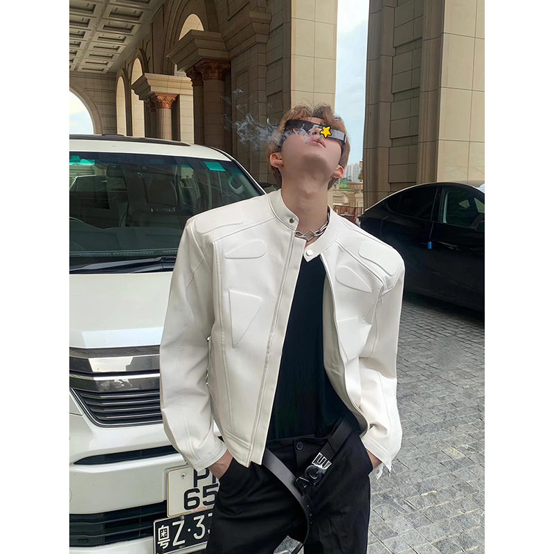 Unique Design Stand Collar Jacket for Men, Trendy Brand, Cool and Stylish, Shoulder-Padded Jacket, Korean Style Slim Fit Short Leather Jacket