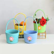 Small fresh flowers cotton thread woven bag hand basket large capacity lunch bag straw solid color womens autumn and winter handmade basket