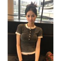 American retro short-sleeved womens summer contrasting color splicing abg hot girl slimming slim T-shirt vintage gray top