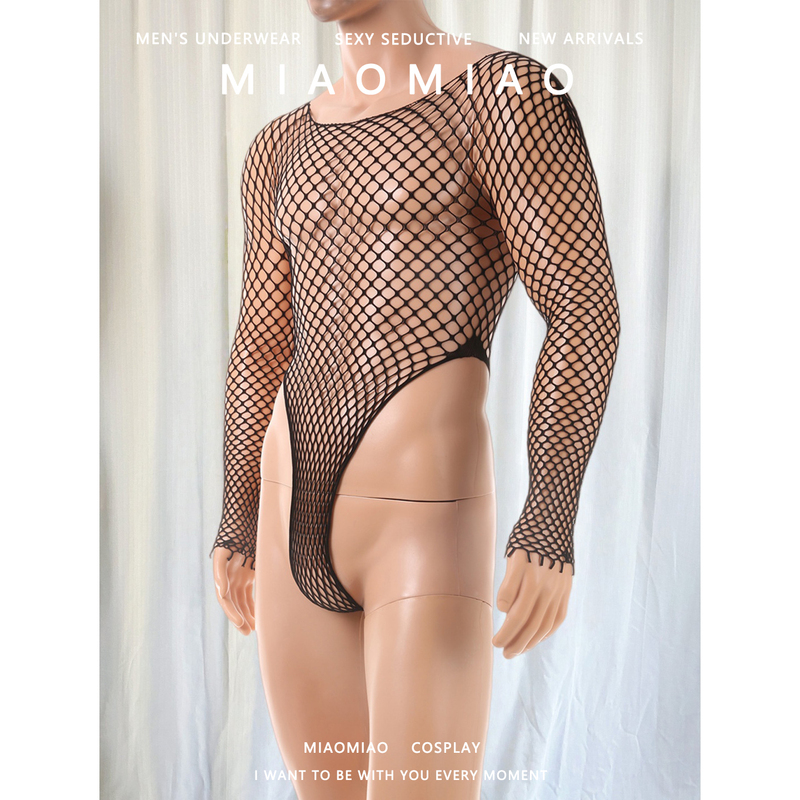 Meow Meow: Men's One-Piece Fishnet Clothing, Large Size, Round Neck, Long-Sleeved Jumpsuit, Cover-Up, Sexy Fishnet Clothing, Men's Socks